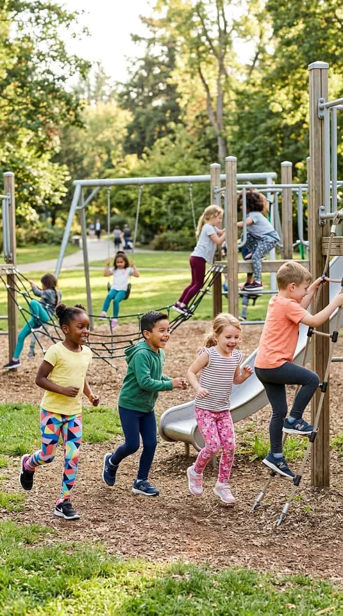 Durable Kids' Clothes for Everyday Wear 9 A group of children playing outdoors in colorful leggings, running and climbing in a sunny park.