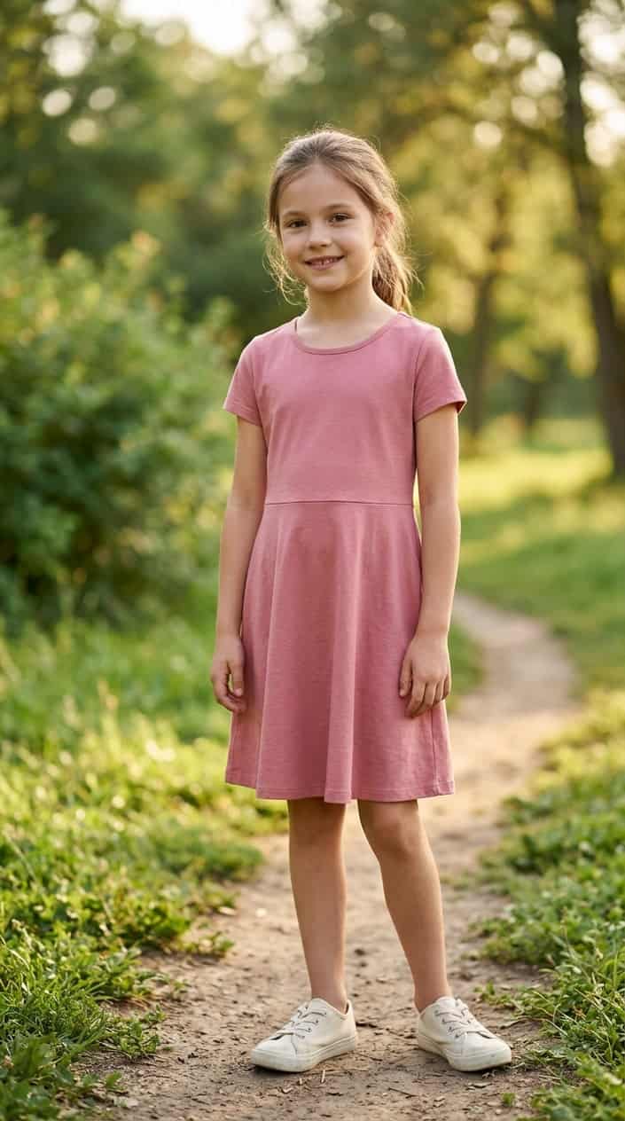 A young girl standing outdoors wearing a comfortable fit-and-flare dress, smiling gently.