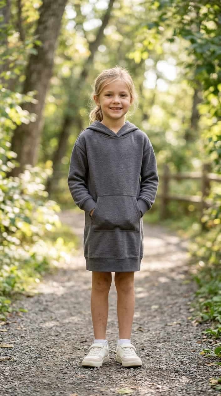 Comfortable Children's Dresses That Still Look Nice 23 A young girl standing outdoors wearing a comfortable hoodie dress with a hood, smiling in natural light.