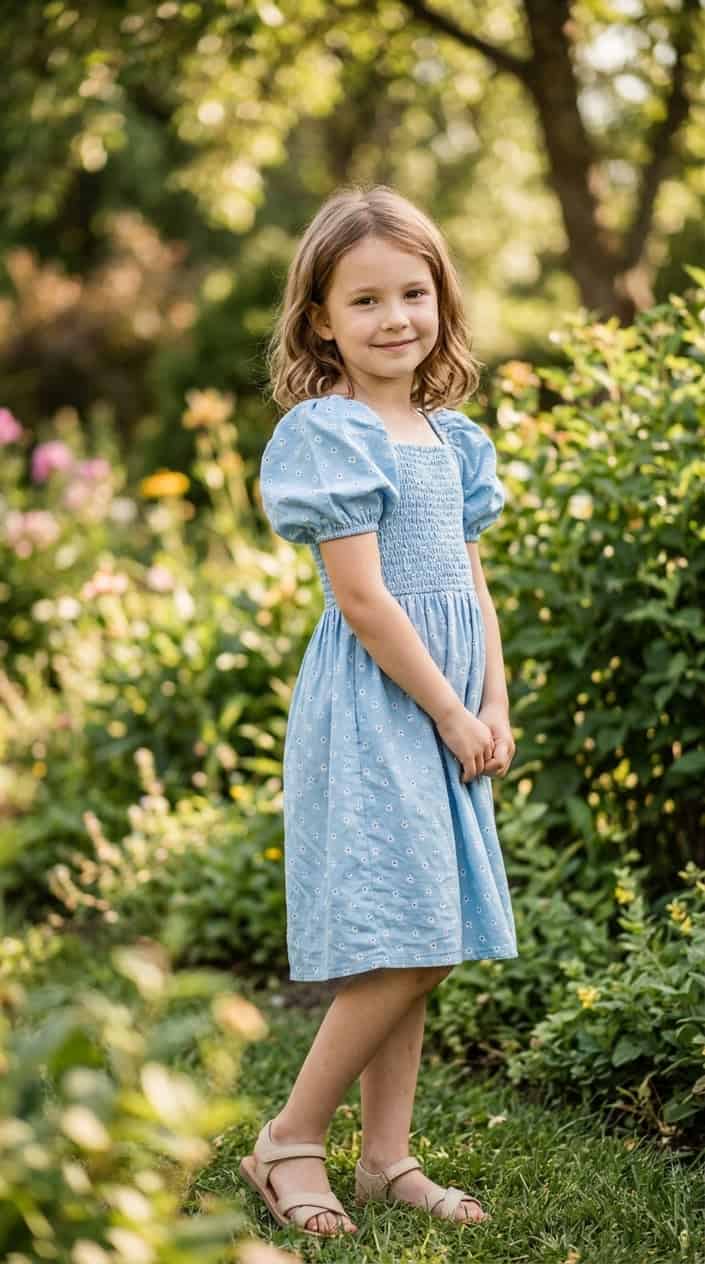 Kids' Designer-Look Dresses on a Budget 8 A young girl wearing a puff-sleeve dress with a smocked bodice, standing outdoors and smiling.