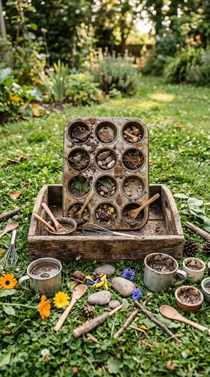 12 Mud Kitchen Setups for Kids (Using Mostly Stuff You Already Have Outside) 7 An old wooden tray and muffin tin arranged outdoors with natural elements like leaves and small stones, set up as a children's mud kitchen recipe station.