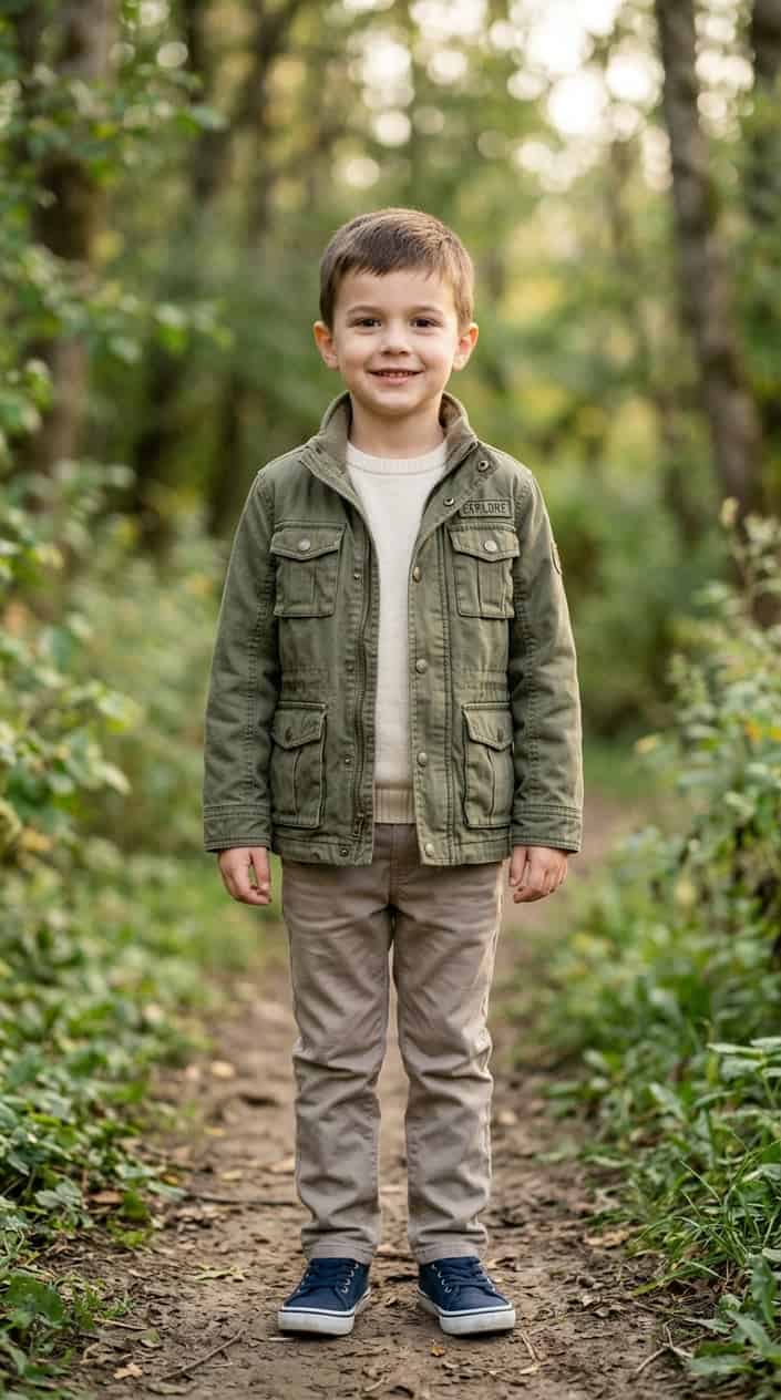 A young boy wearing an olive green utility jacket standing outdoors with a blurred green background.
