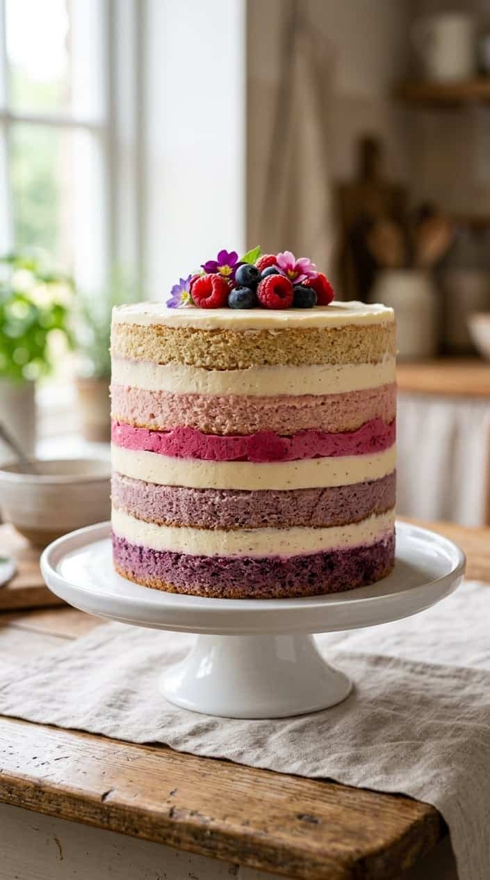 A multi-layered ombre naked cake with a brightly colored buttercream center on a white cake stand.