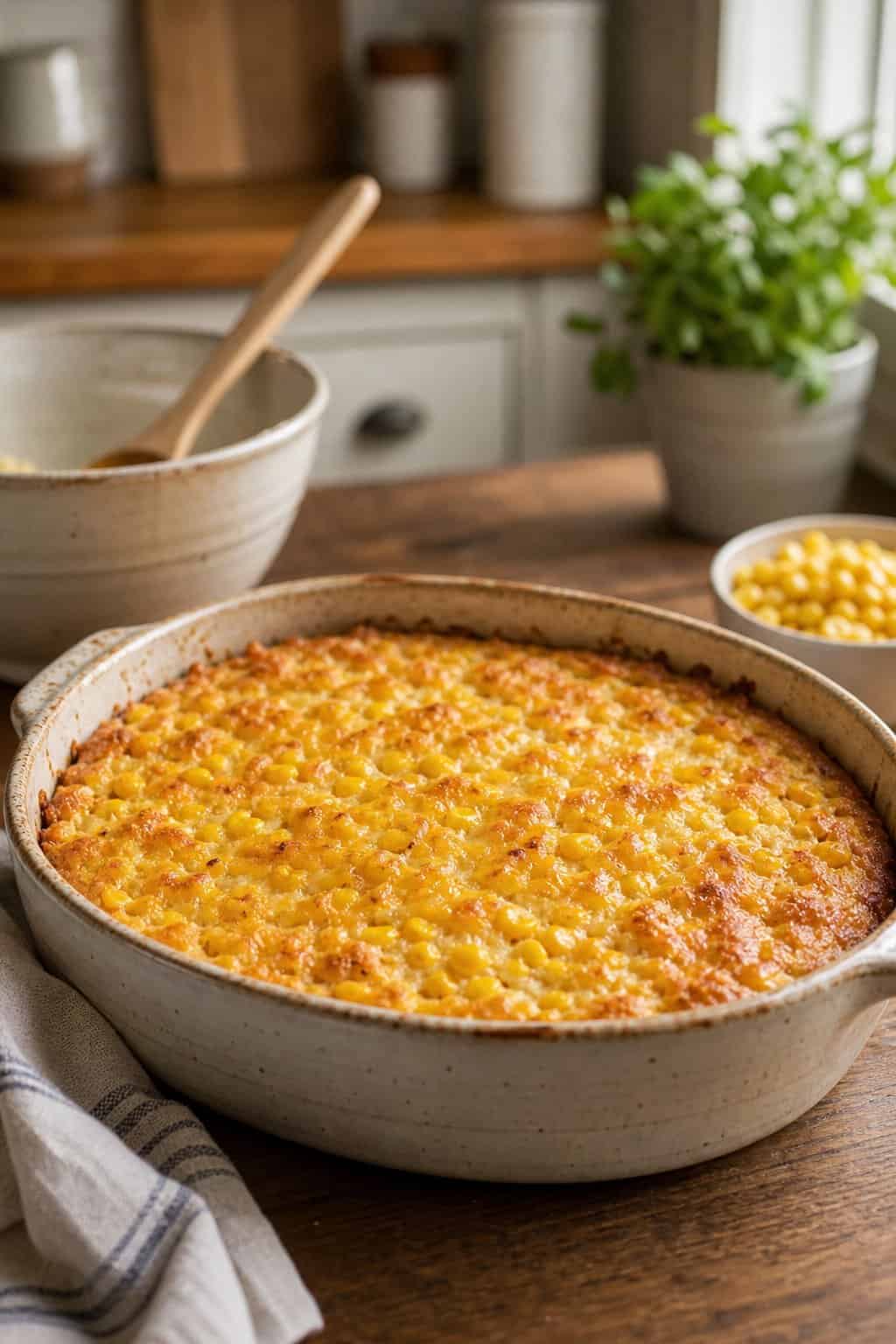 A freshly baked corn casserole in a white ceramic dish on a wooden table with a single large mixing bowl and a folded striped kitchen towel beside it.