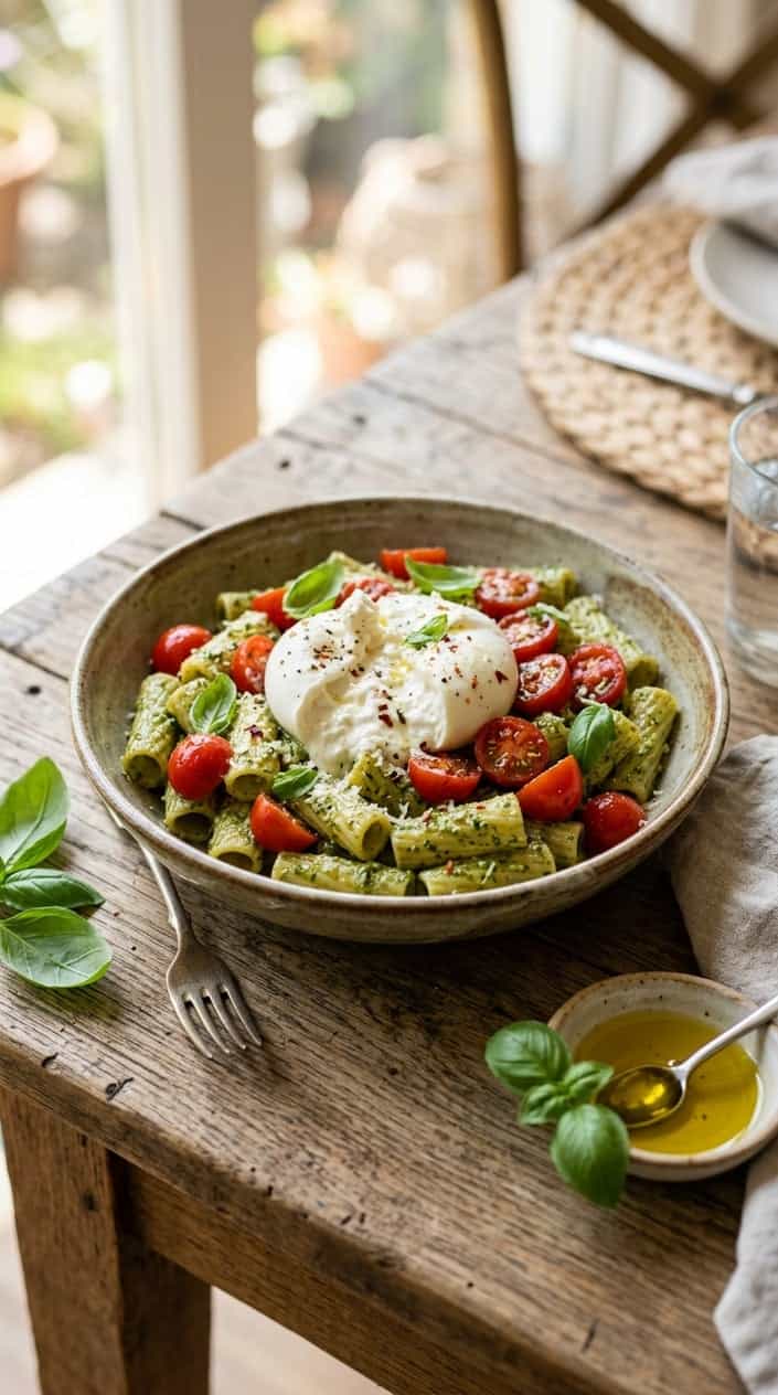 A wide white pasta bowl with green pesto-coated pasta, halved bright red cherry tomatoes, and a whole burrata ball split open at the center releasing its creamy interior, garnished with a few dark basil leaves.