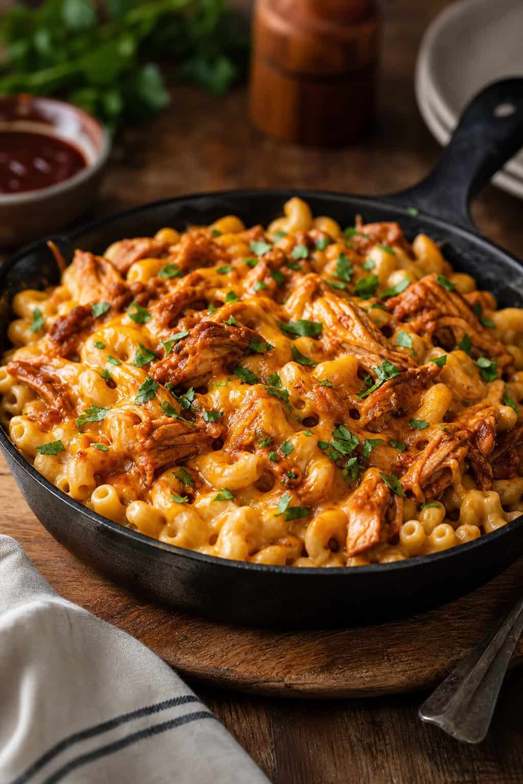 A cast iron skillet of creamy elbow macaroni mixed with shredded BBQ chicken, the sauce glossy and golden-brown around the edges, garnished with fresh parsley on a wooden table.