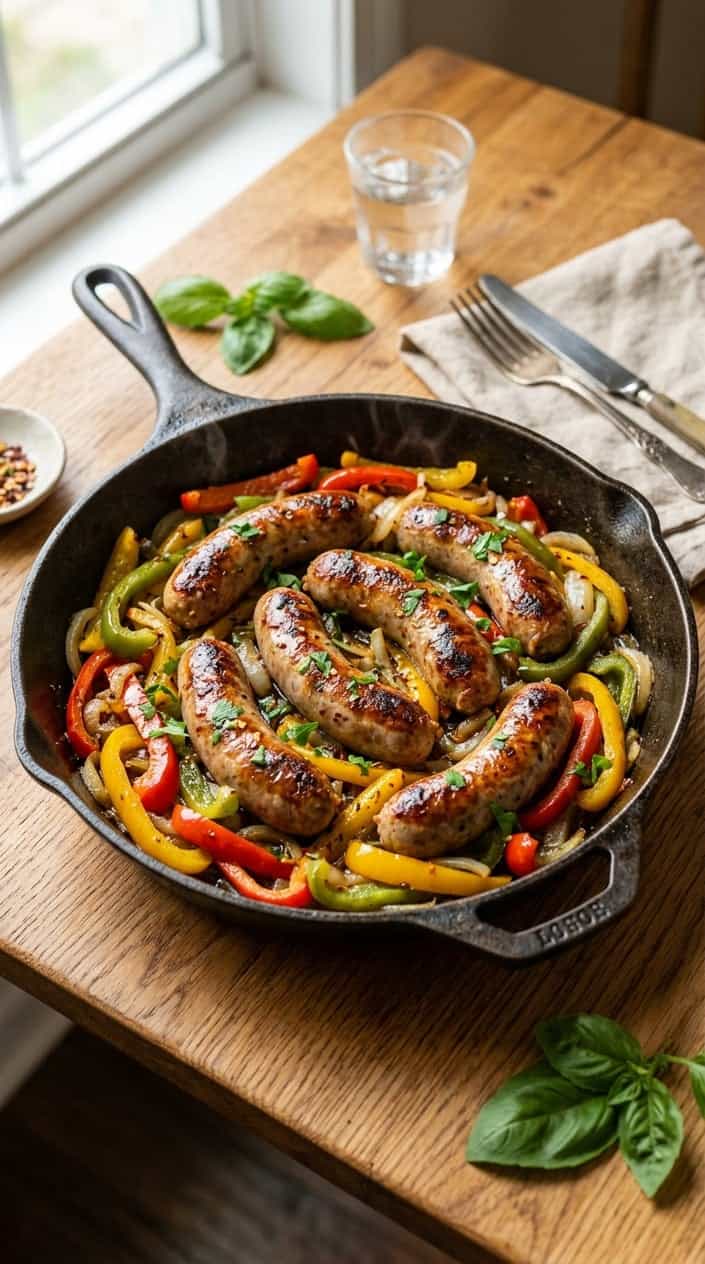 A skillet filled with cooked Italian sausages, colorful bell peppers, and onions on a wooden surface.