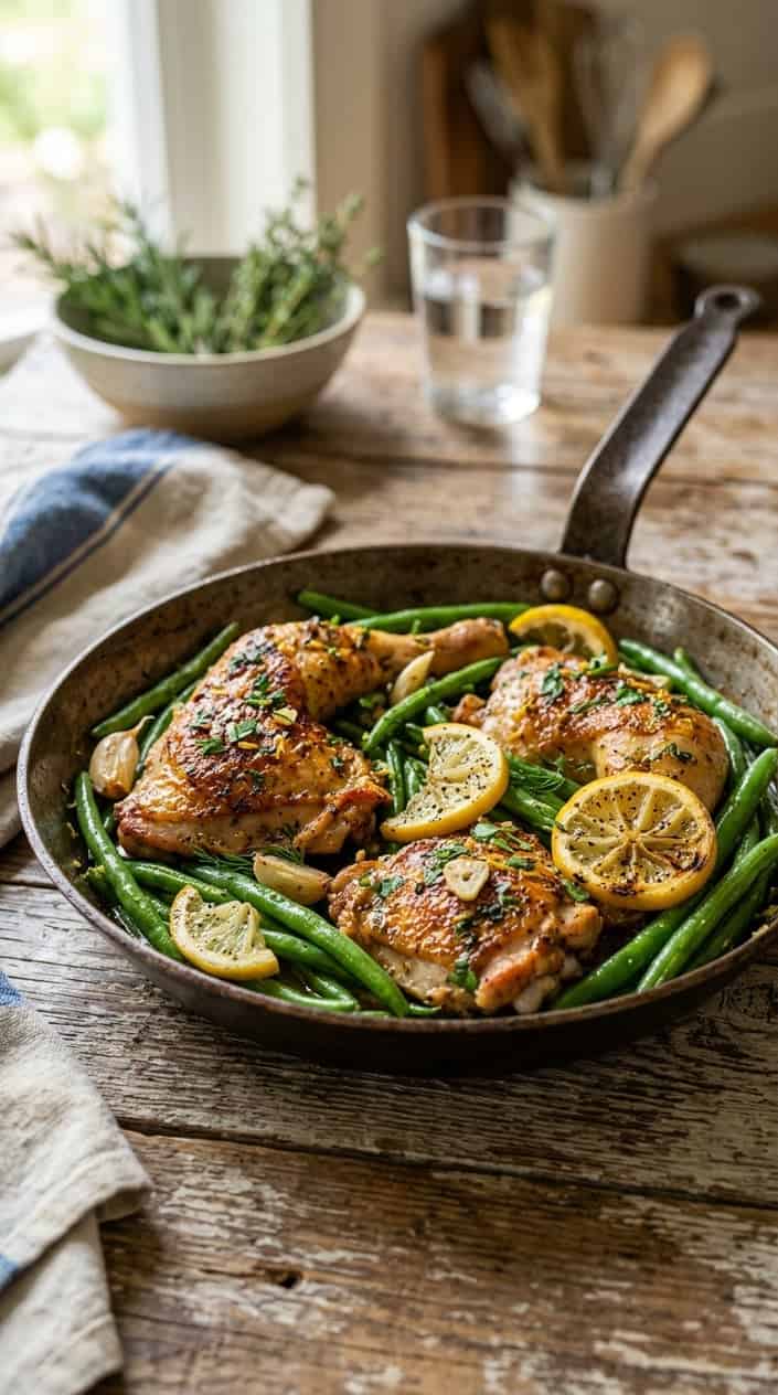 17 Summer Dinner Ideas When You're Tired of Grilling and Also Tired of Thinking 2 A cast iron pan holding golden-skinned chicken thighs nestled against bright green beans, with visible caramelized lemon zest and garlic bits, shot on a worn wooden surface.