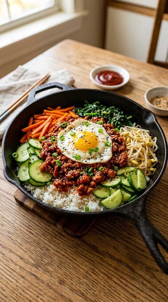 A skillet filled with spicy ground chicken bibimbap topped with a fried egg and surrounded by colorful vegetables.