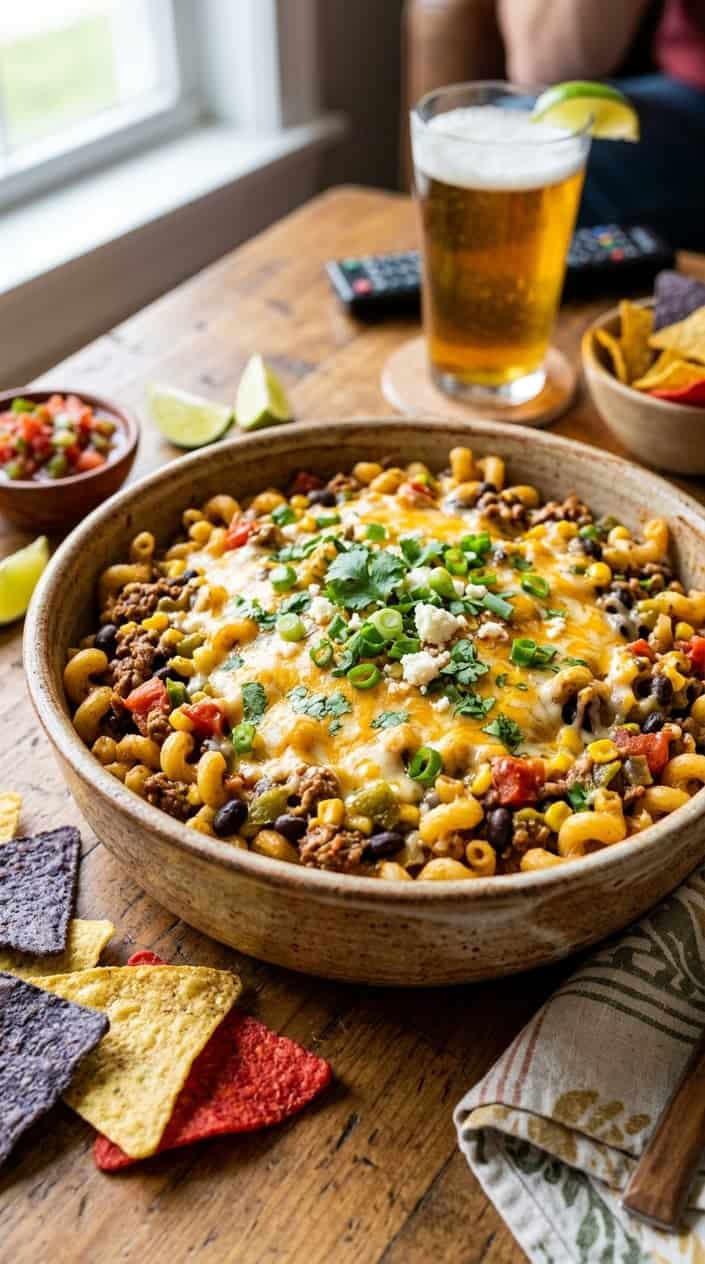 16 Easy Game Day Recipes for a Crowd 5 A bowl of cheesy taco pasta with ground beef, beans, corn, tomatoes, and fresh herbs on a wooden table with tortilla chips nearby.