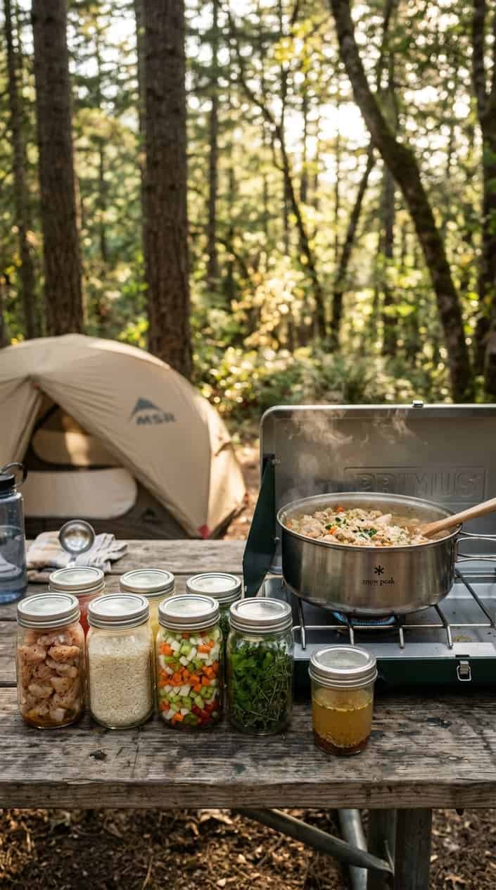 17 Camping Meals You Can Prep Ahead and Heat Over a Single-Burner Stove 3 A camping stove with a pot of chicken and rice cooking, surrounded by jars filled with prepped ingredients, set in a forest outdoors.