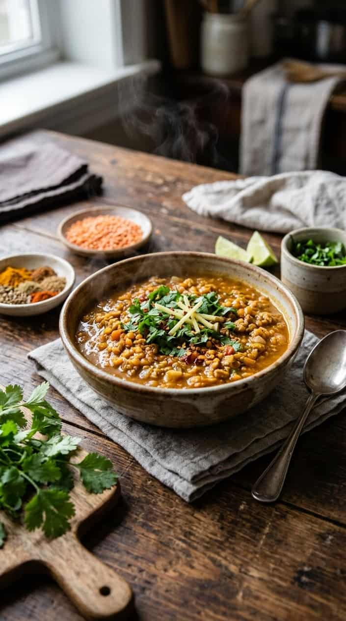 A bowl of ground chicken and lentil curry with fresh herbs on a wooden table surrounded by spices and ingredients.