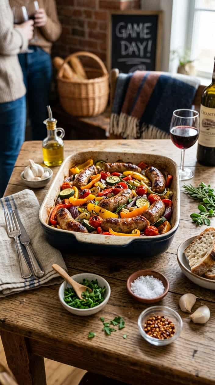 A plate of Italian sausage with roasted vegetables on a wooden table surrounded by small bowls of herbs and olive oil.