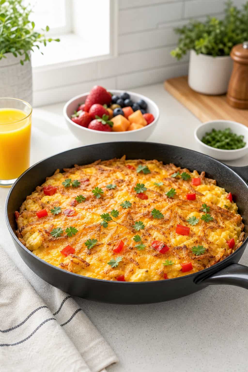 A cast-iron skillet filled with a golden hashbrown casserole topped with melted cheese, diced vegetables, and egg, sitting on a kitchen countertop with a glass of orange juice and a bowl of fresh fruit nearby.