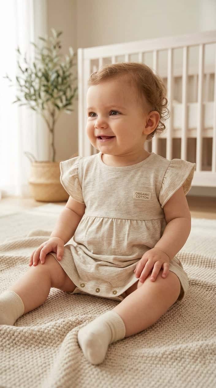 A baby sitting wearing a soft tunic dress with snap diaper access, on a light background.