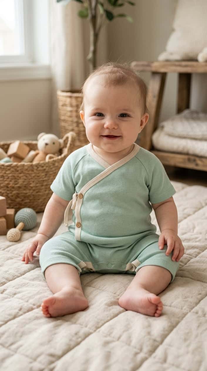 A baby sitting and wearing a soft organic cotton kimono romper with snap leg openings.