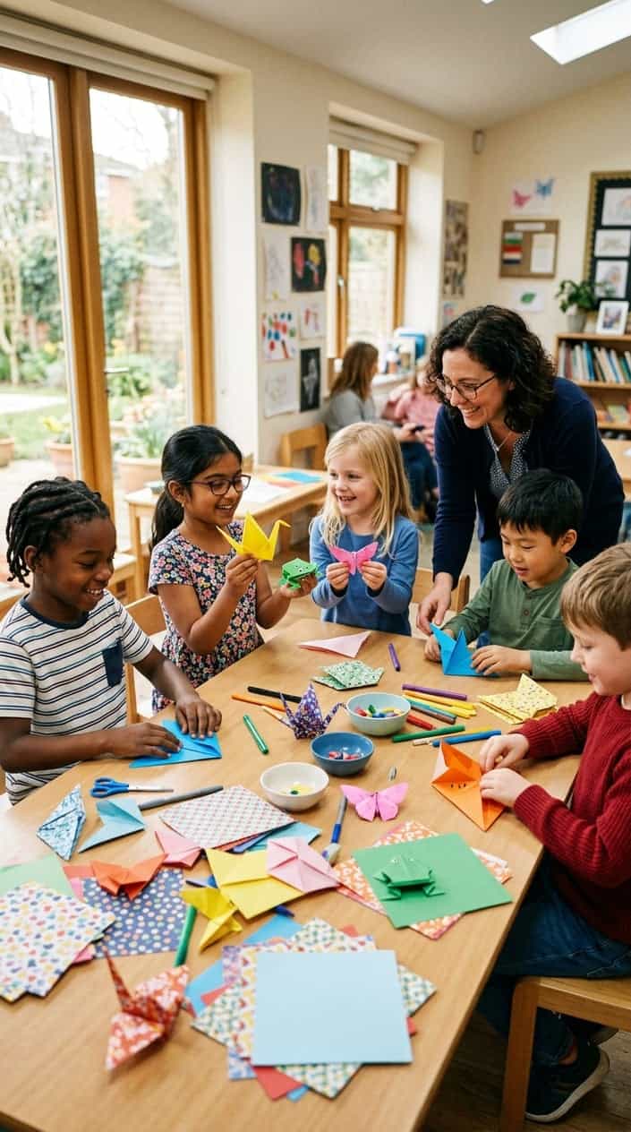 Children making and exchanging colorful origami animals around a table indoors with an adult supervising.