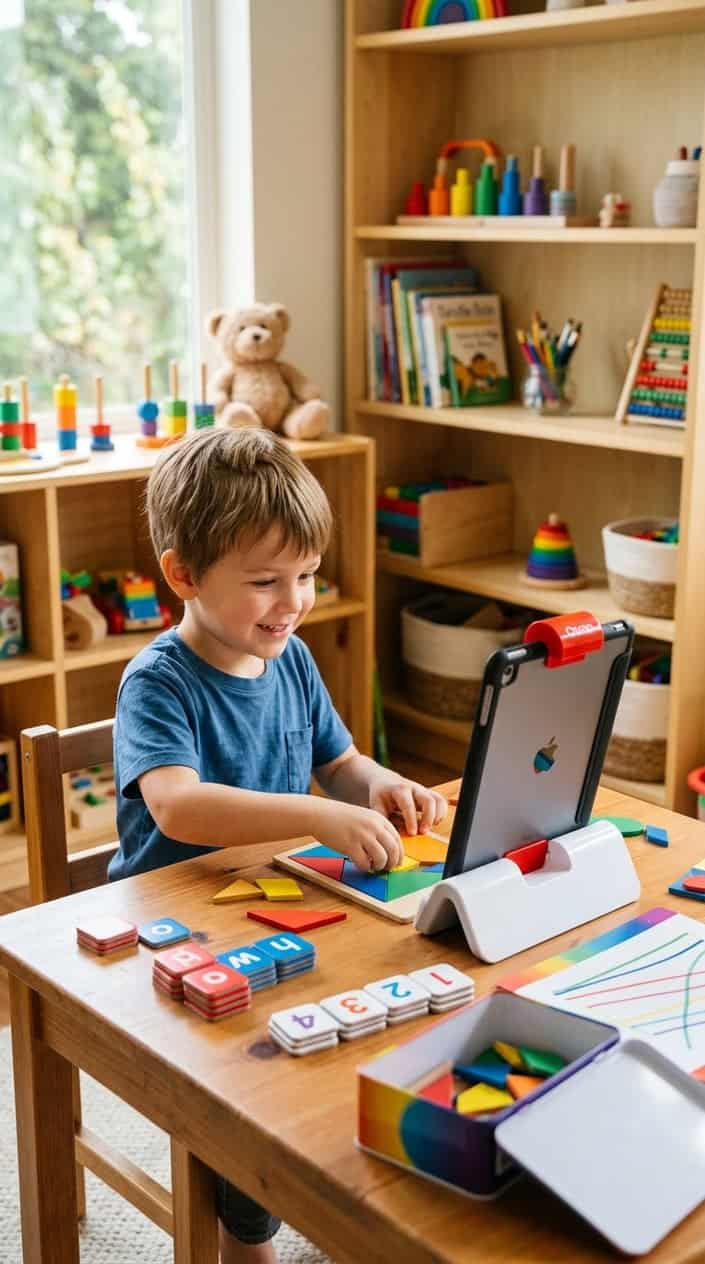 A young child playing with an iPad and interactive educational toys from the Osmo Genius Starter Kit at a wooden table in a bright playroom.