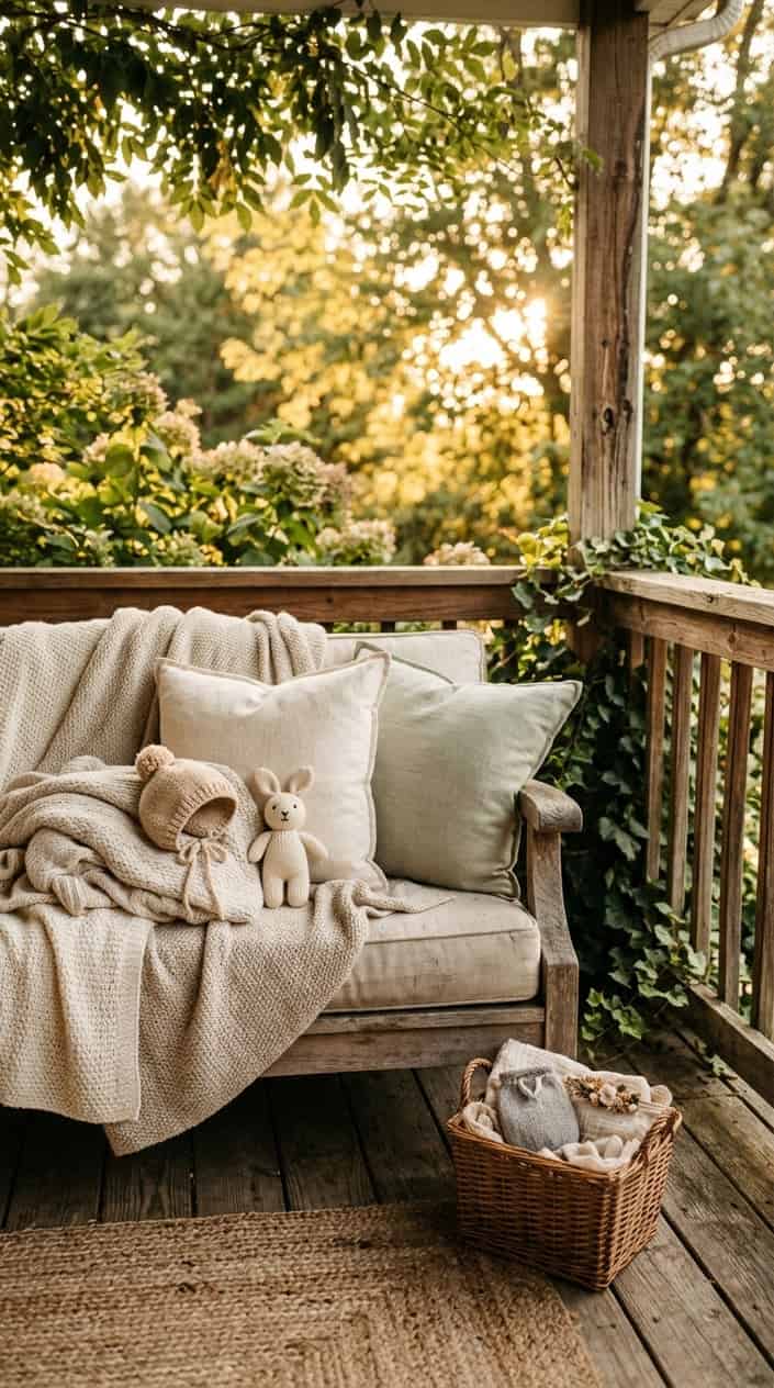 At-Home Newborn Photo Setups: 13 Ideas That Look Professional on a Phone Camera 13 An outdoor porch at golden hour with a cozy newborn photo setup including blankets, pillows, and baby props, surrounded by soft sunlight and greenery.