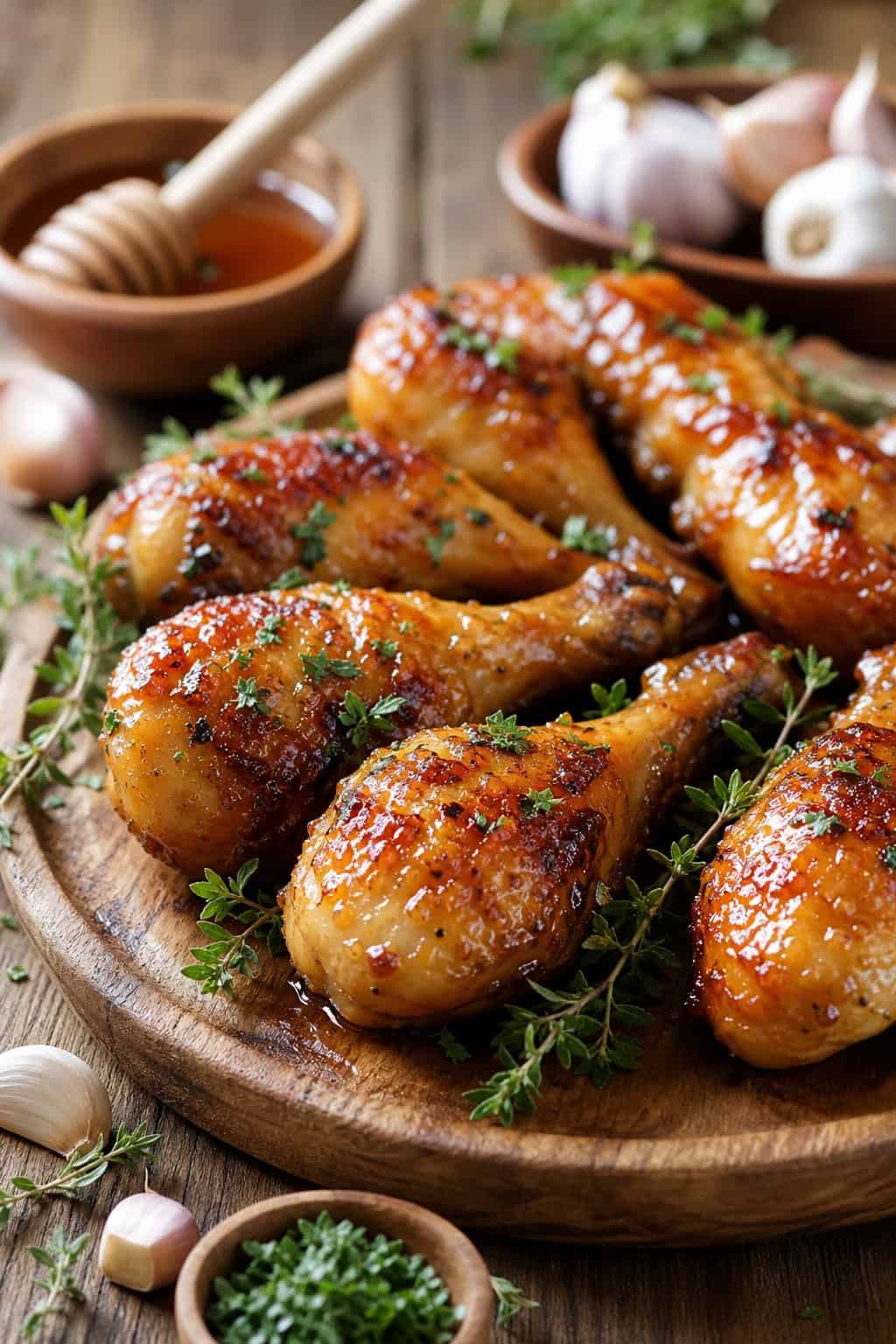 Oven-baked chicken legs on a wooden platter with a deep amber honey-garlic glaze, scattered fresh parsley, and small bowls of honey and minced garlic nearby.