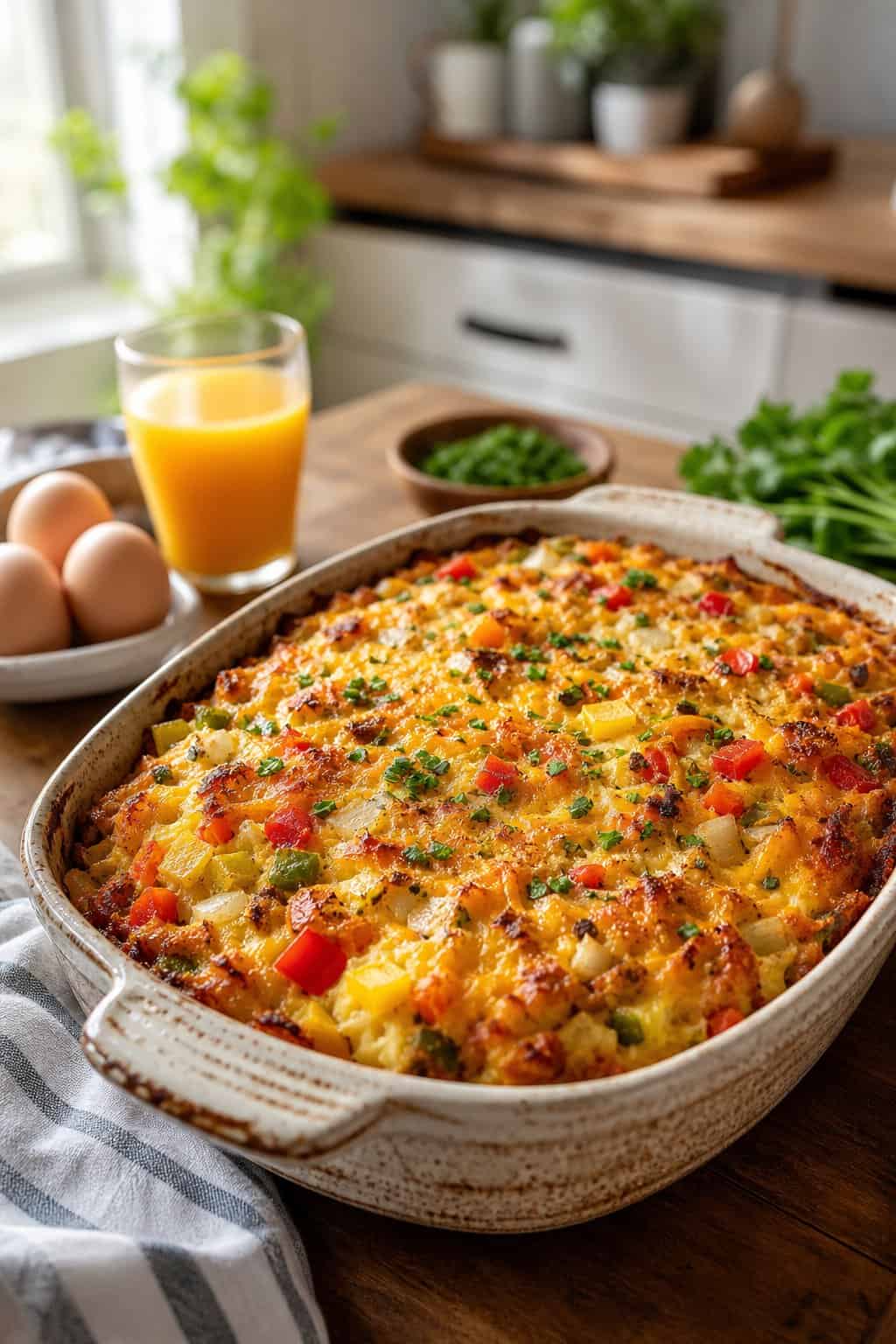 A hashbrown breakfast casserole in a white ceramic dish with a golden top, sitting on a wood table in soft morning light with a fork resting on the edge.