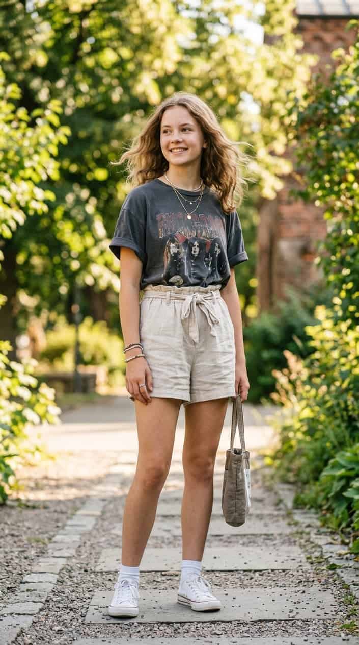 22 Teen Girl Summer Outfits for the Year She Suddenly Cares What She Wears 3 Teenage girl standing outdoors wearing an oversized band t-shirt and high-waist paperbag shorts on a sunny day.