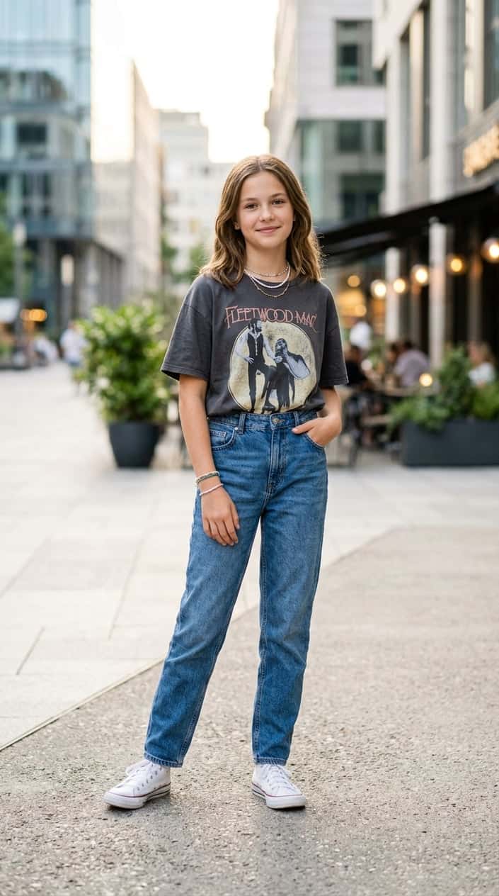 A tween girl wearing an oversized band t-shirt tucked into mom jeans, standing outdoors with a slight smile.