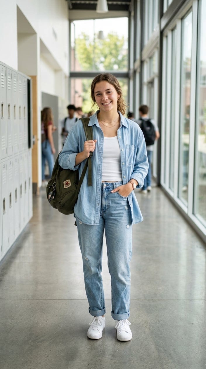 A young woman in a relaxed boxy chambray shirt worn open over a fitted white tank, standing in a school hallway with lockers behind her.