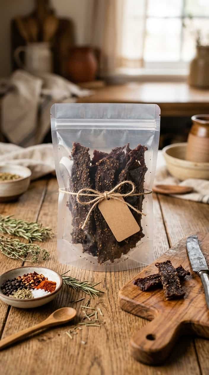 A pack of homemade beef jerky on a wooden table surrounded by herbs and spices.