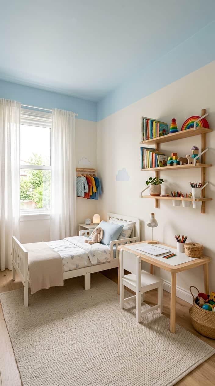 Small children's bedroom with a pale sky-blue ceiling above white walls and white trim, a low bed with pastel bedding, and soft natural light from one window.