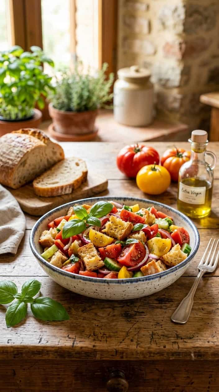 A bowl of panzanella salad with bread cubes, ripe tomatoes, basil, and onions on a wooden table with fresh ingredients around it.