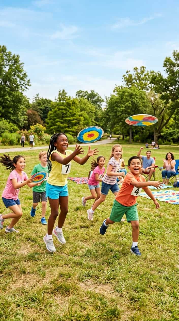 25 Kid Games for When 'I'm Bored' Has Been Said Three Times Before 10 AM 11 Children playing with paper plate frisbees in a sunny park, throwing and catching on a grassy field.