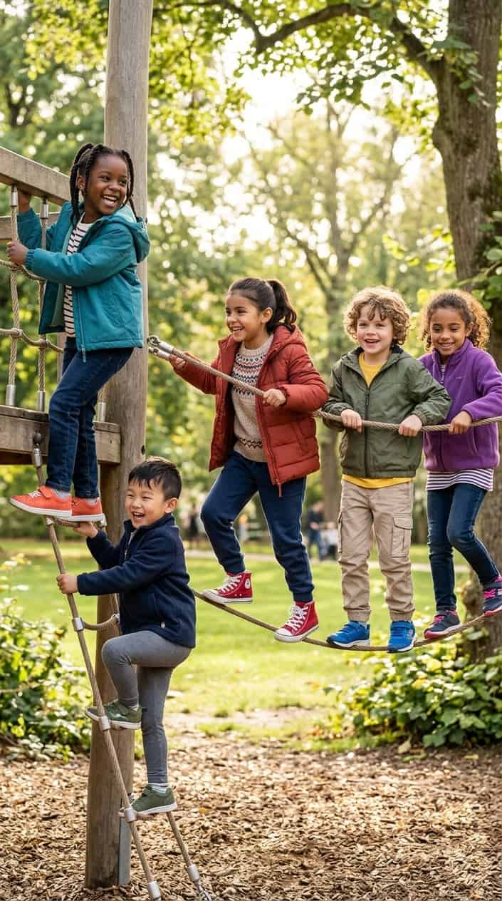 Durable Kids' Clothes for Everyday Wear 18 Children playing actively outdoors in durable, stylish clothing on a sunny day in a park.