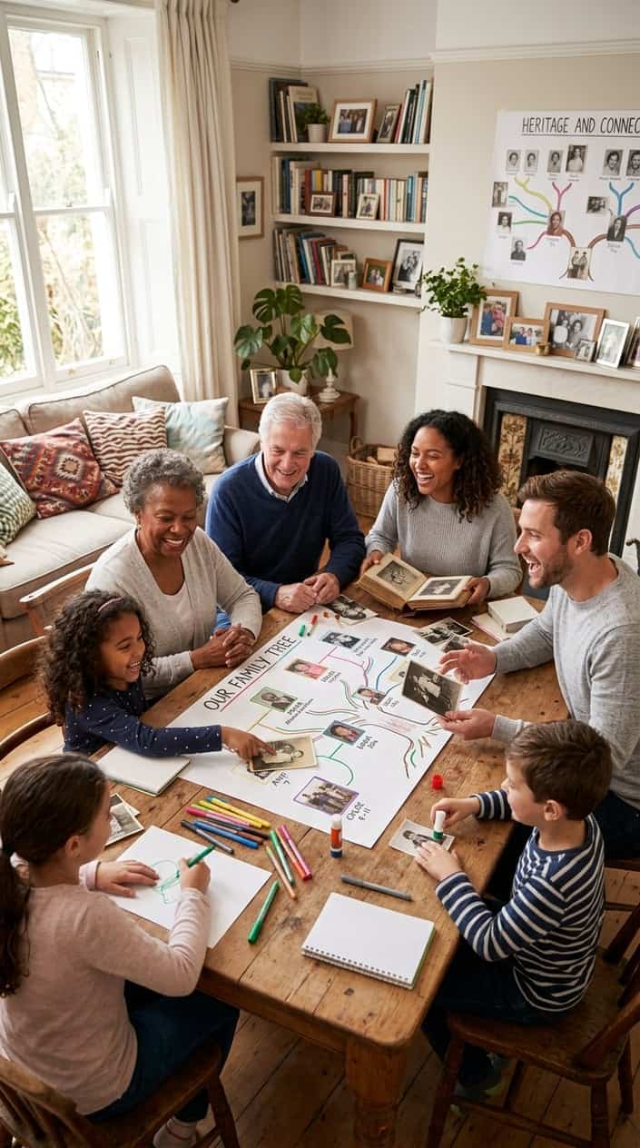 A multigenerational family gathered around a table working together on a family tree project, with printed photos and craft supplies spread across the surface.