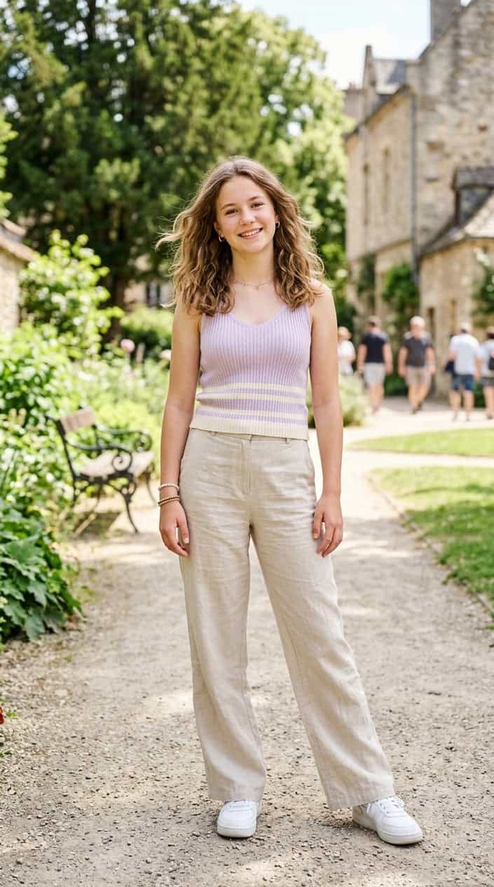 Teenage girl standing outdoors wearing a pastel knit tank top and linen wide-leg pants on a sunny day.