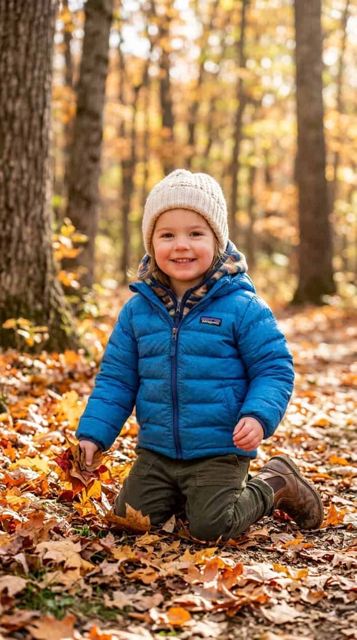 Durable Kids' Clothes for Everyday Wear 2 A young child wearing a warm puffy jacket playing outdoors among fallen leaves on a sunny autumn day.