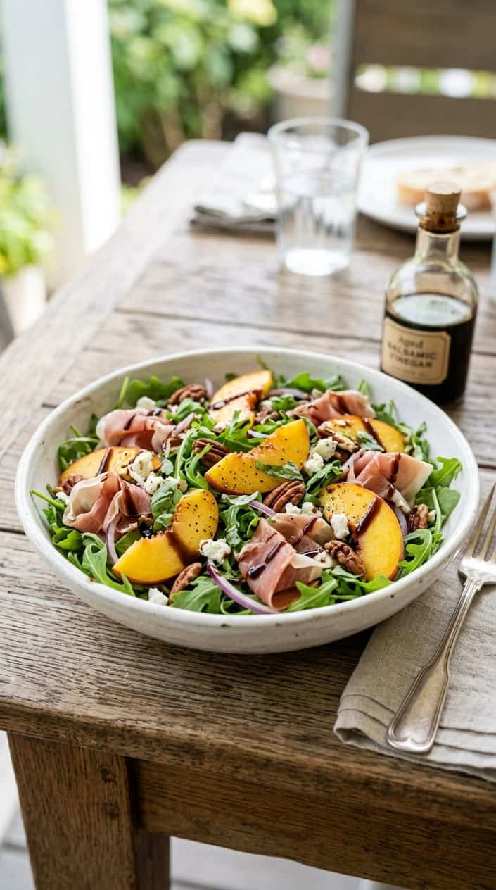 A bowl of peach and prosciutto arugula salad with balsamic glaze on a wooden table.