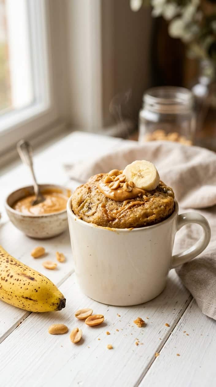 A ceramic mug filled with a dense, warmly golden peanut butter banana mug cake on a clean white surface, with a halved ripe banana and a spoonful of peanut butter and a few whole peanuts arranged beside it.