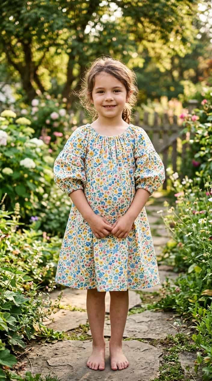 A young girl standing outside in a loose-fitting floral peasant dress with gathered puff sleeves and an elasticized neckline, smiling with her hair loose.