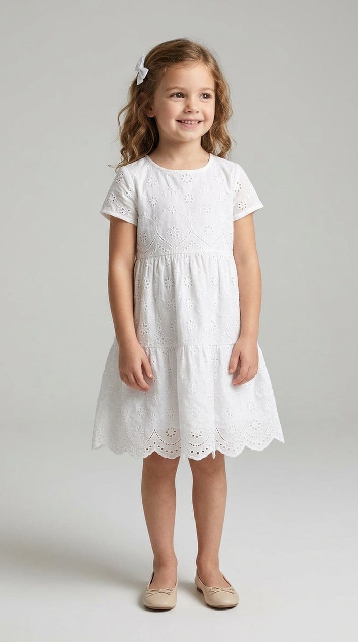 A young girl standing and wearing a white dress with eyelet fabric and scalloped hem.