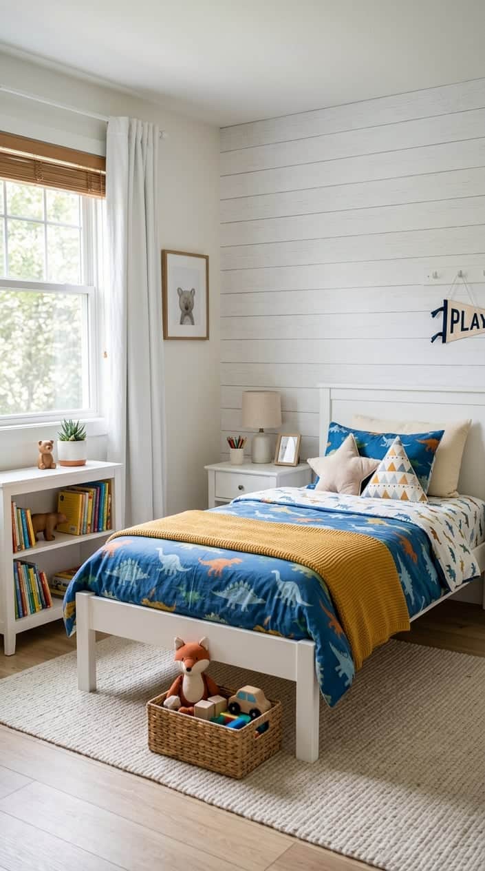 A children's bedroom with a bed in front of a white peel-and-stick shiplap wall, colorful bedding, and a small bookshelf with toys.