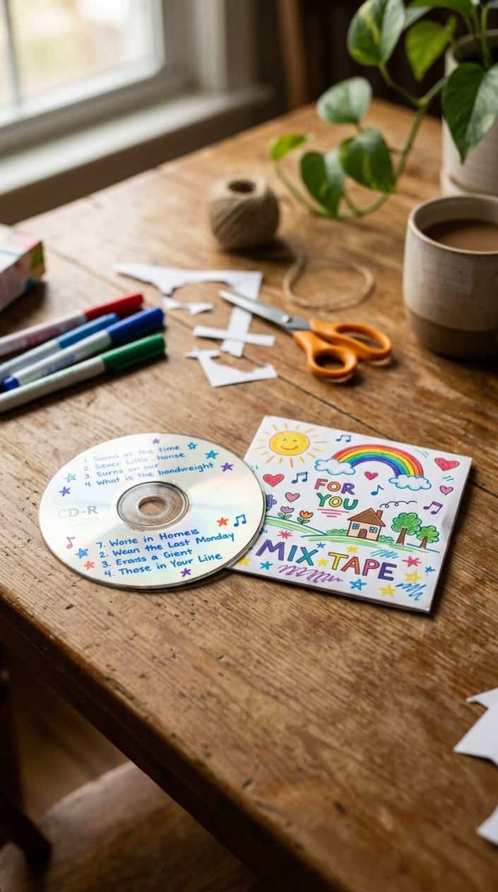A personalized music CD with a handmade cover featuring colorful drawings on a wooden table surrounded by craft supplies.