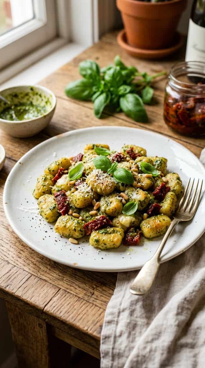12 Easy Gnocchi Recipes 32 Gnocchi generously coated in deep emerald basil pesto with chewy amber sun-dried tomato pieces, crowned with shaved Parmesan and a few small fresh basil leaves on a rustic ceramic plate.