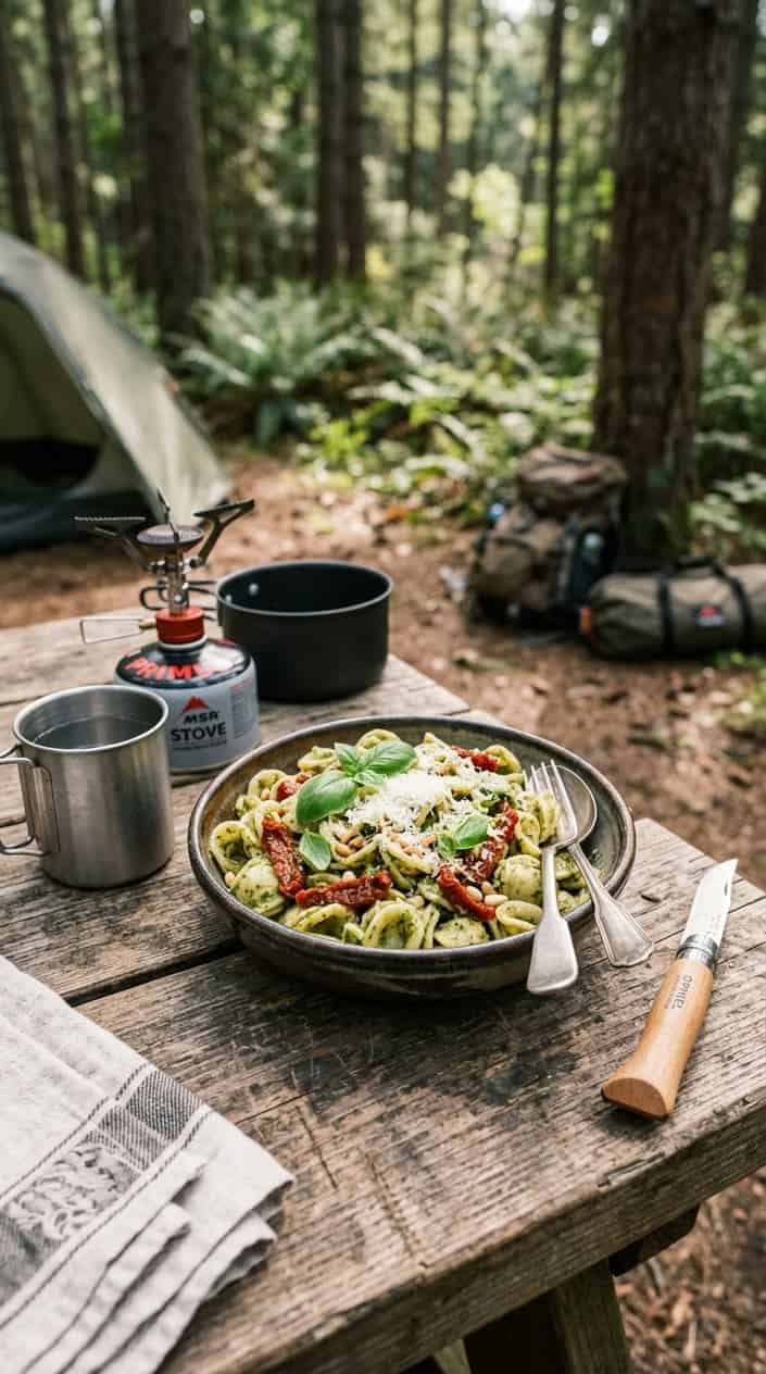 17 Camping Meals You Can Prep Ahead and Heat Over a Single-Burner Stove 5 A bowl of pesto pasta with sun-dried tomatoes on a wooden table outdoors, surrounded by camping gear including a small stove and mug, with a forest background.
