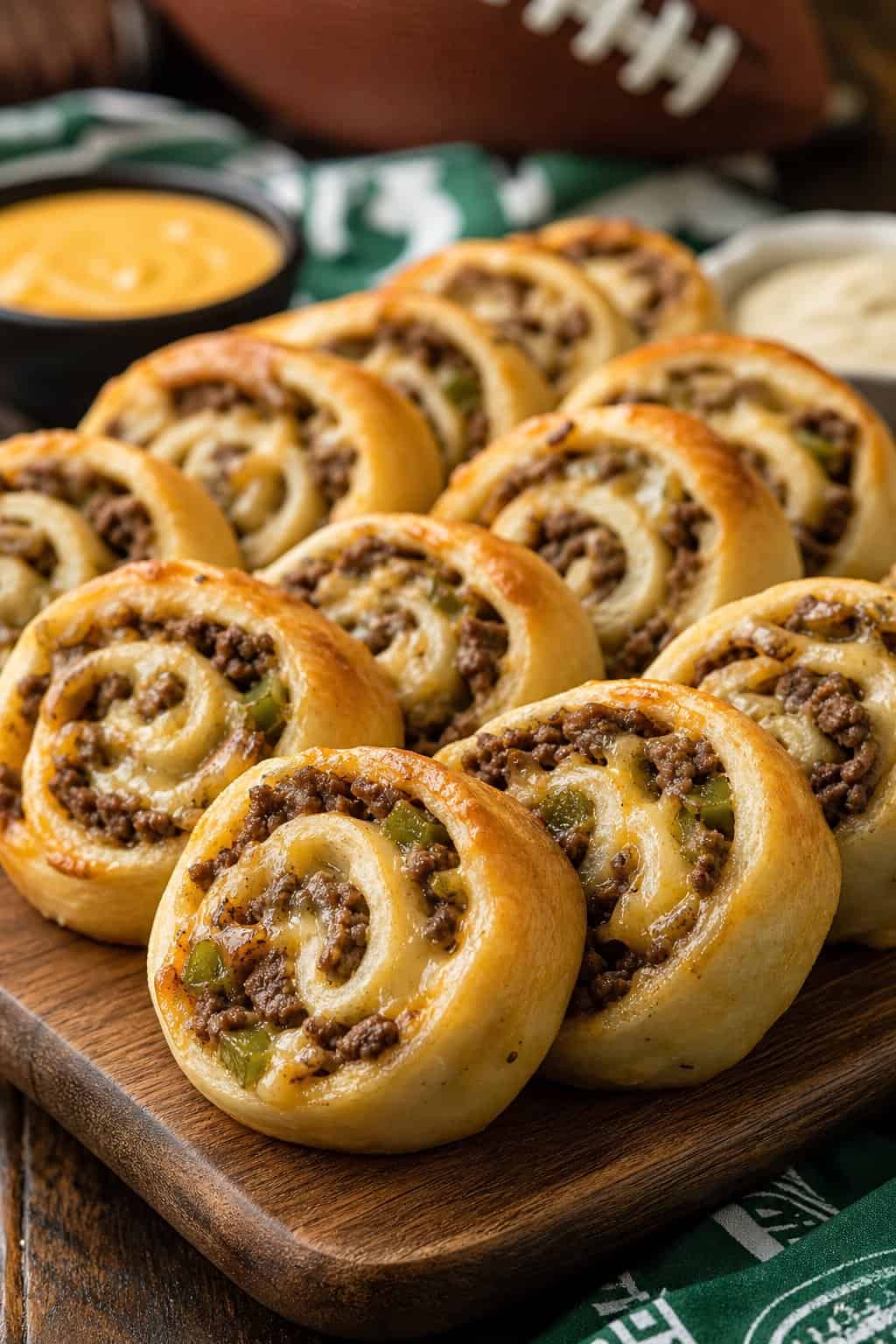 A wooden board with several Philly cheesesteak pinwheels showing thinly sliced beef, melted provolone, and caramelized onions inside flour tortilla rolls, with small dipping sauce bowls and game day items in the background.