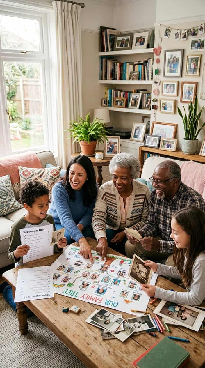 12 Family Tree Project Ideas for Kids That Actually Teach Them Something About Family 7 A multi-generation family gathered around a table looking at old family photos and a handwritten family tree chart, smiling and pointing at pictures together.