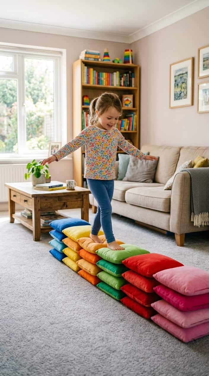 A child walking carefully across a row of soft pillows balanced on the floor in a living room.