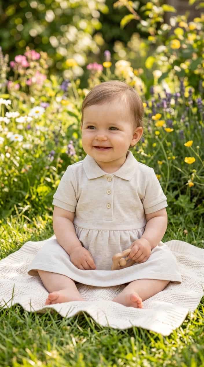 17 Baby Dress Designs for Summer That Are Actually Soft Enough to Wear 9 A baby wearing a light-colored cotton polo dress with a soft collar, sitting outdoors on grass with summer flowers in the background.