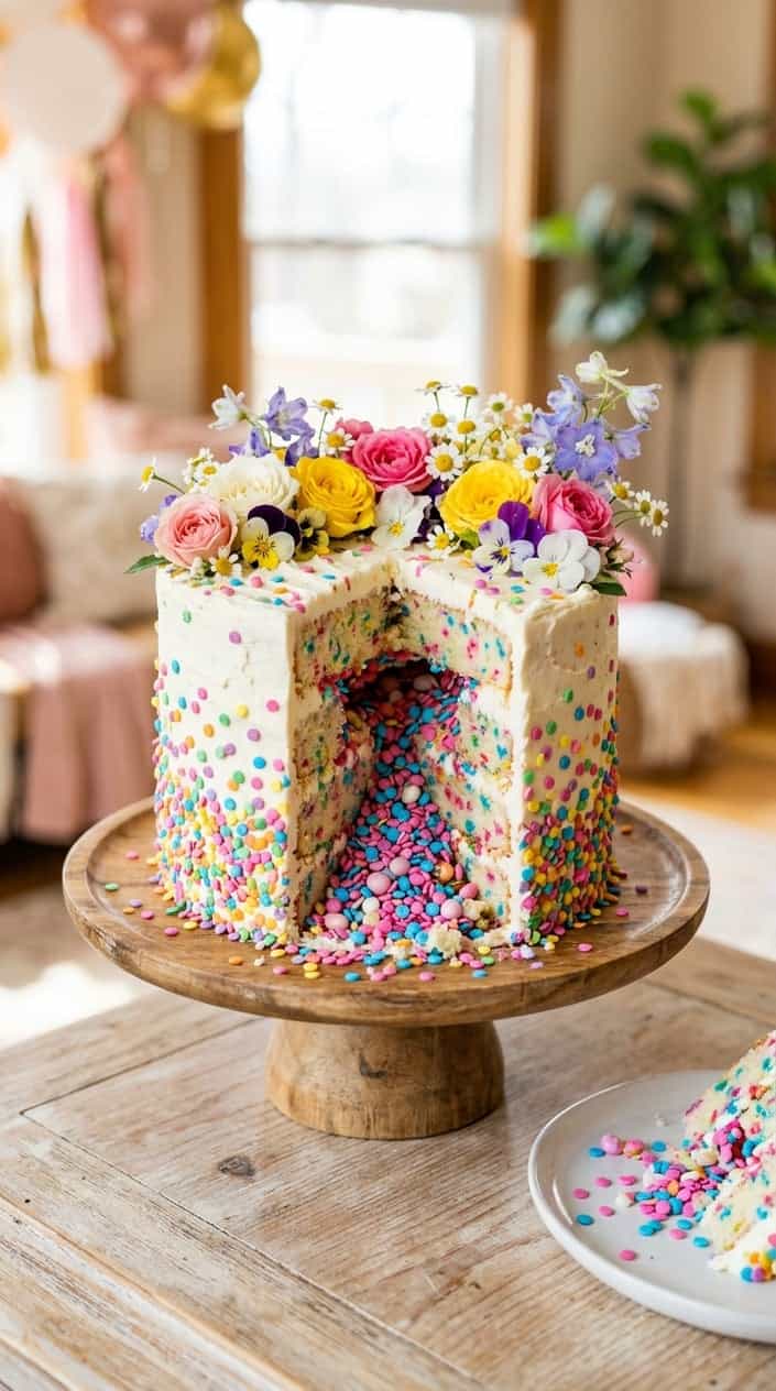 A colorful pinata cake topped with assorted edible flowers on a neutral background.
