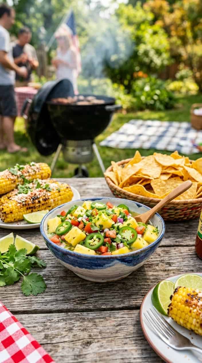BBQ Side Dishes for a Memorial Day Cookout 14 A bowl of pineapple-jalapeño salsa on a wooden table surrounded by tortilla chips and grilled corn, set outdoors with a barbecue cookout in the background.